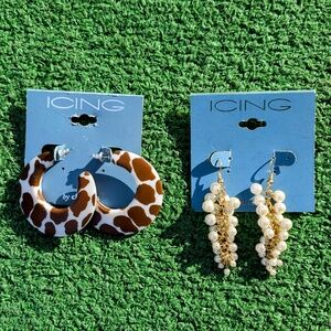 Icing Chunky Cowboy Cow Pattern Hoop+Pearl Dangle Grape Cluster Earring 2 Pairs